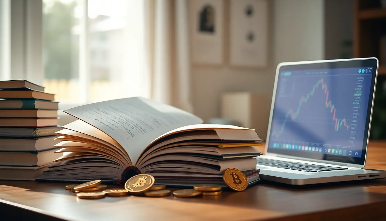 비트코인 관련 서적과 학습하는 사람의 모습